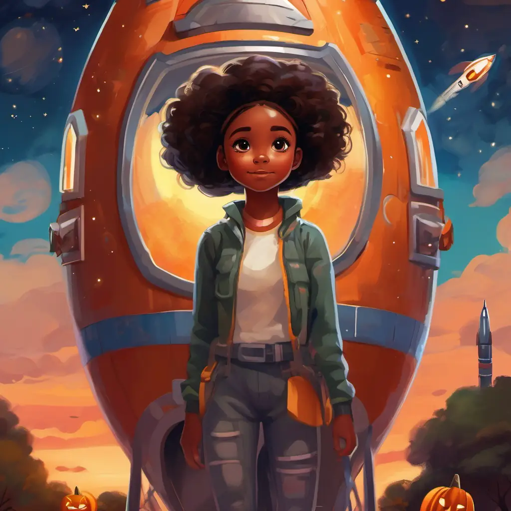 A bold and determined young girl with ebony skin, sparkling brown eyes inside the rocket, ready for launch, looking out at her loved ones