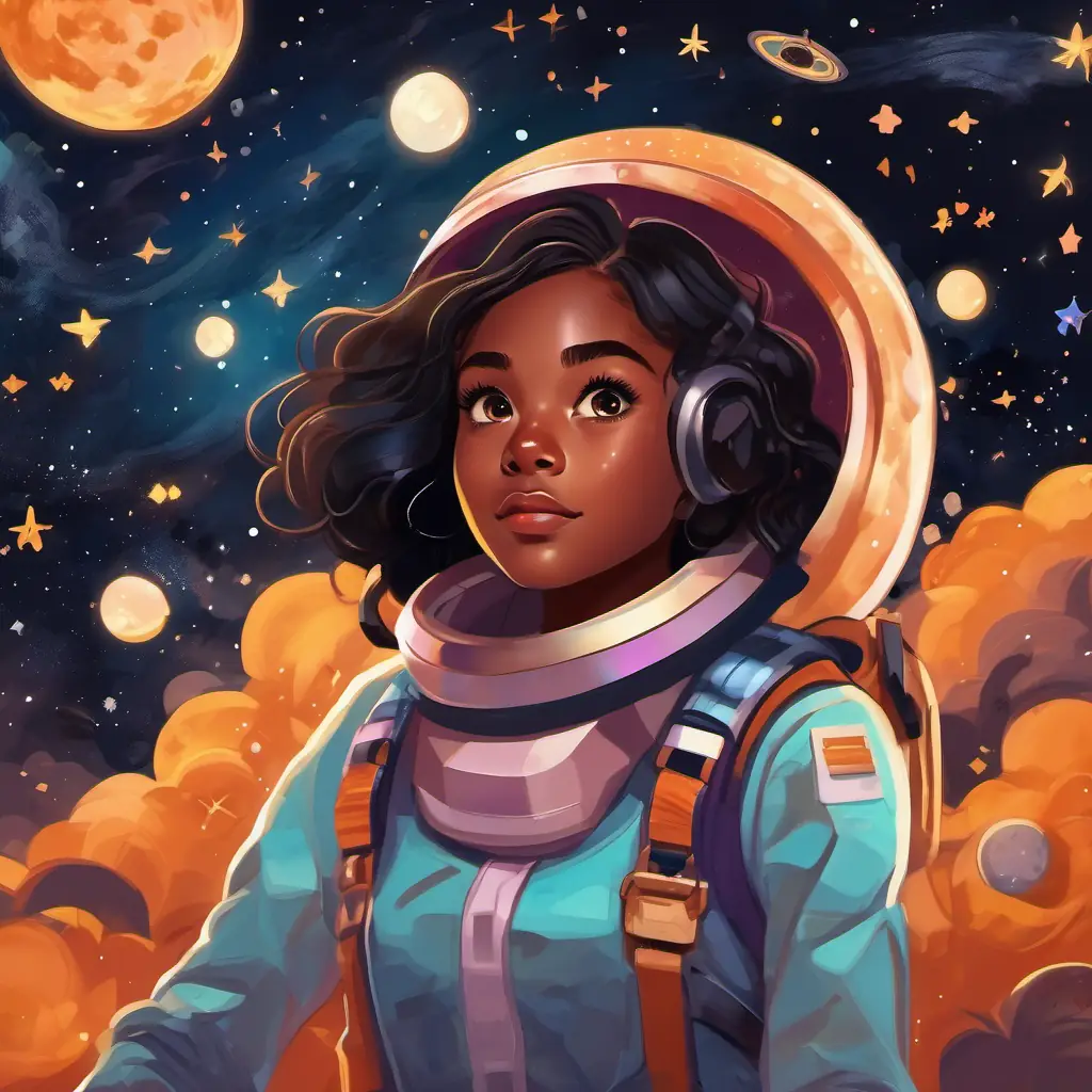 A bold and determined young girl with ebony skin, sparkling brown eyes floating in space, surrounded by stars and galaxies