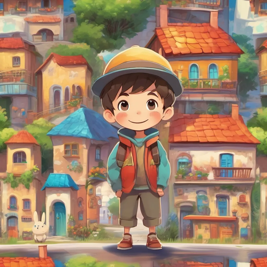 A quaint small town with colorful houses and a cheerful little boy named A lively and cheerful young boy with an imaginative gleam in his eyes, wearing a colorful cap, wearing a cap, standing with a wide smile.