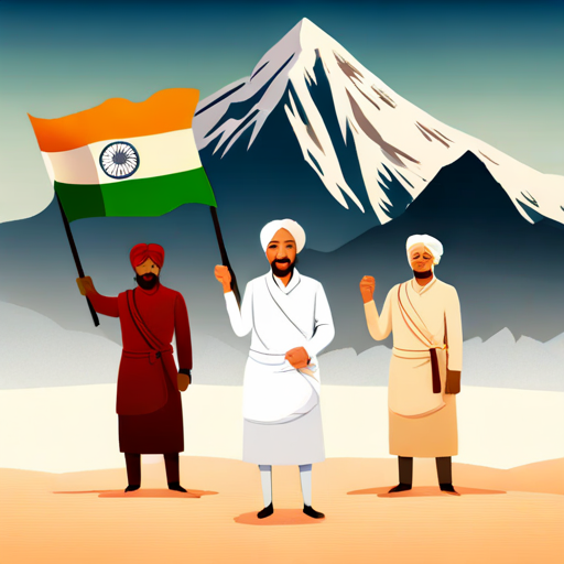 India with fighters holding Indian flag, mountains in the background