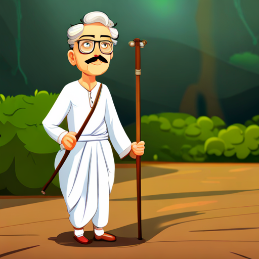 Wearing a white dhoti, round glasses, holding a walking stick wearing a white dhoti, round glasses