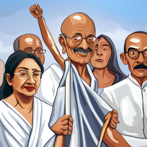 Gandhi leading a peaceful protest with people holding placards