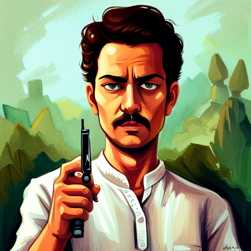 Wearing a white kurta and pyjama, holding a pistol, determination in his eyes holding a pistol, determination in his eyes