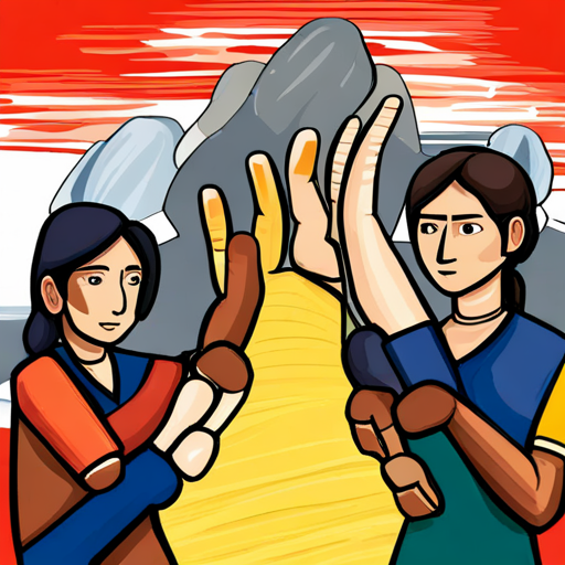 Freedom fighters joining hands, surrounded by Indian flag