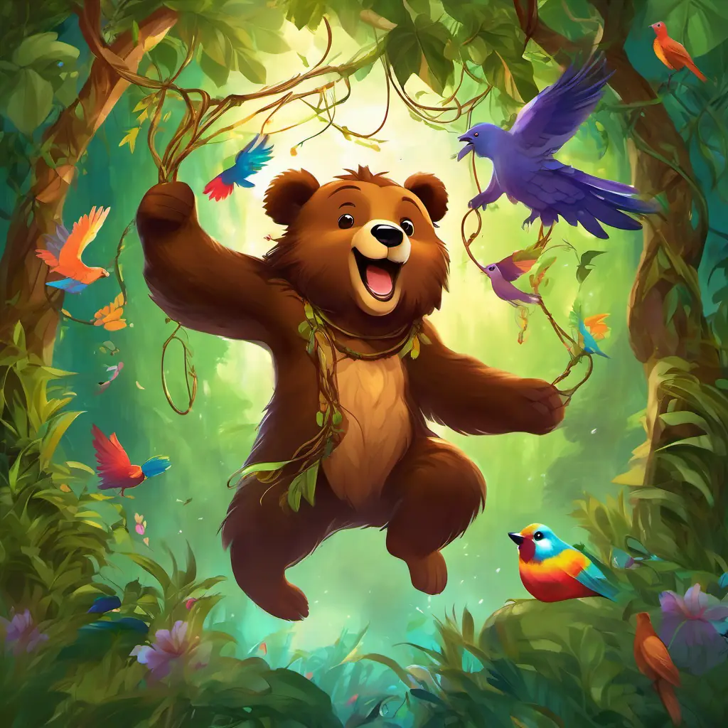 A young boy with wild hair, brown eyes, and happy smile swinging from vines, with A big bear with brown fur and a big friendly grin dancing alongside colorful birds in a green and lush jungle setting.