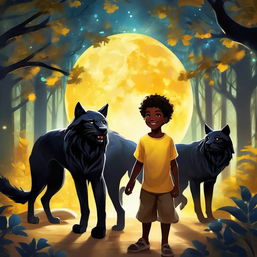 A young boy with wild hair, brown eyes, and happy smile sneaking around with A sleek black panther with bright yellow eyes, surrounded by howling and happy wolves in the moonlit forest.