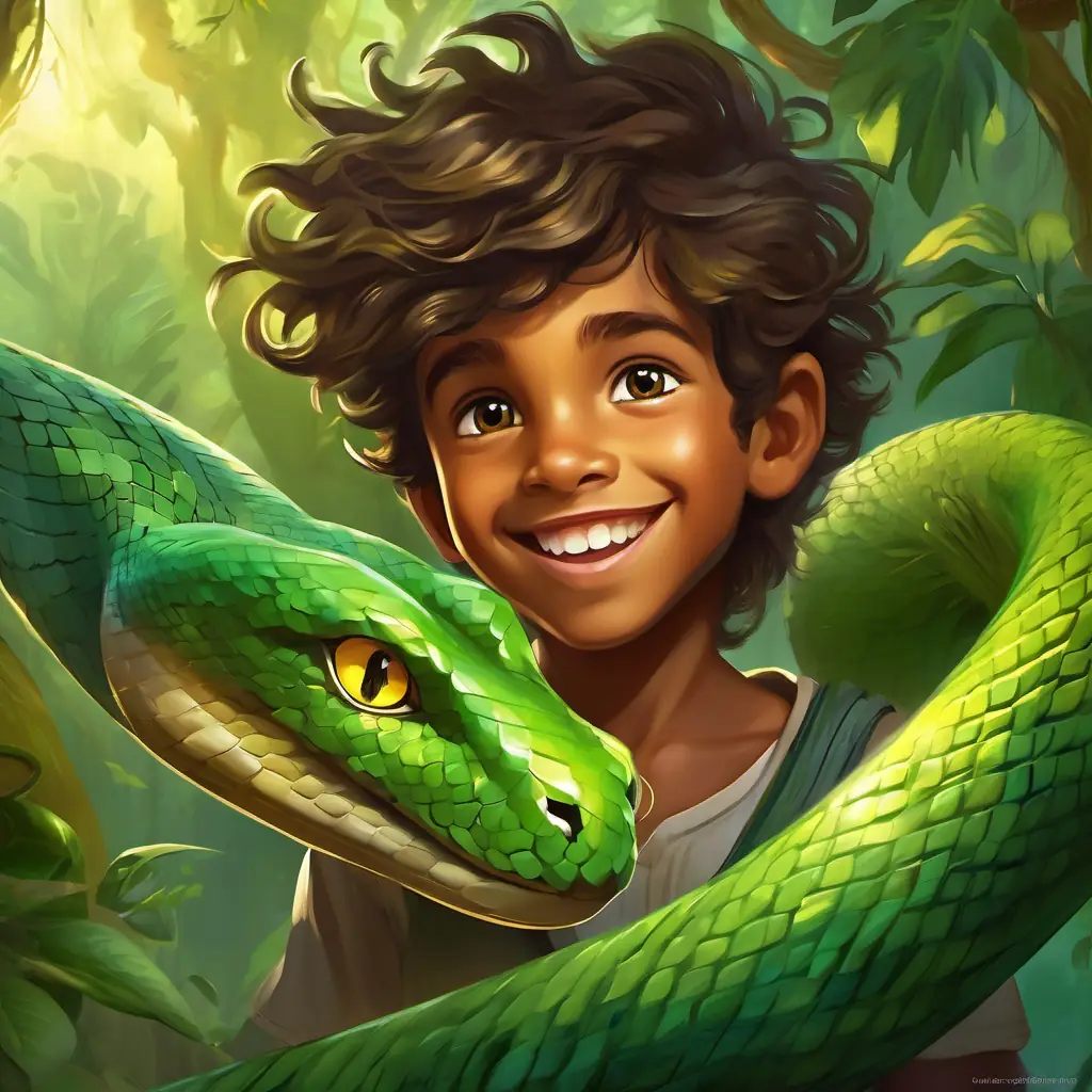 A young boy with wild hair, brown eyes, and happy smile facing A long green snake with big yellow eyes and a sneaky look the snake, who is green and has big eyes, in a tangled vine area of the jungle.