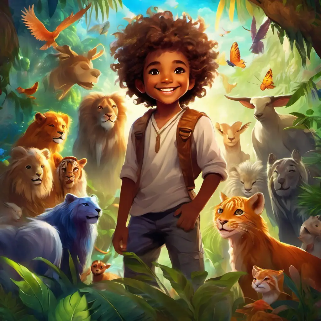 A young boy with wild hair, brown eyes, and happy smile surrounded by all his animal friends, with smiles and happy faces, in the beautiful and vibrant jungle.