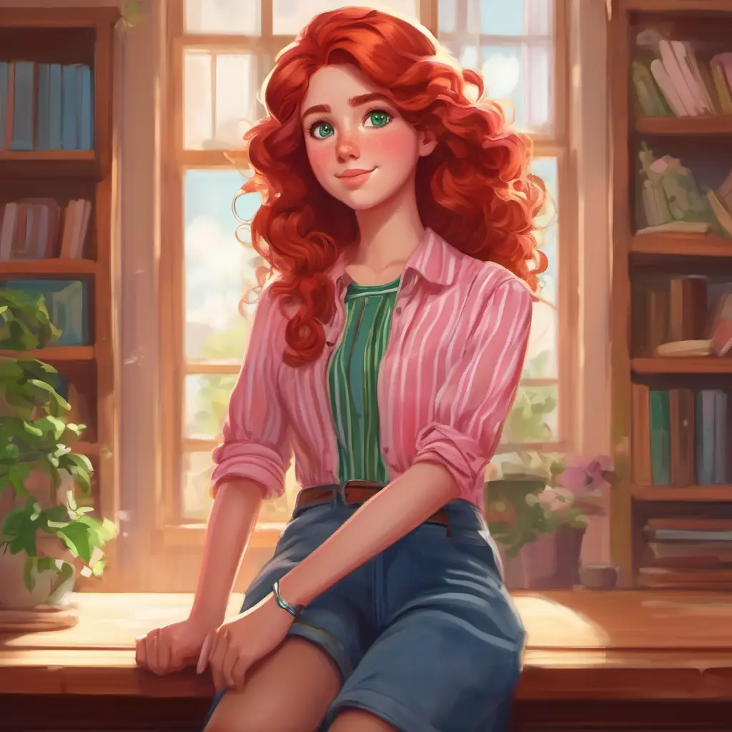 Red hair, freckles, blue eyes, pink dress, brown shoes meets a new student, Curly brown hair, big green eyes, striped shirt, jeans, who appears timid and different from her.