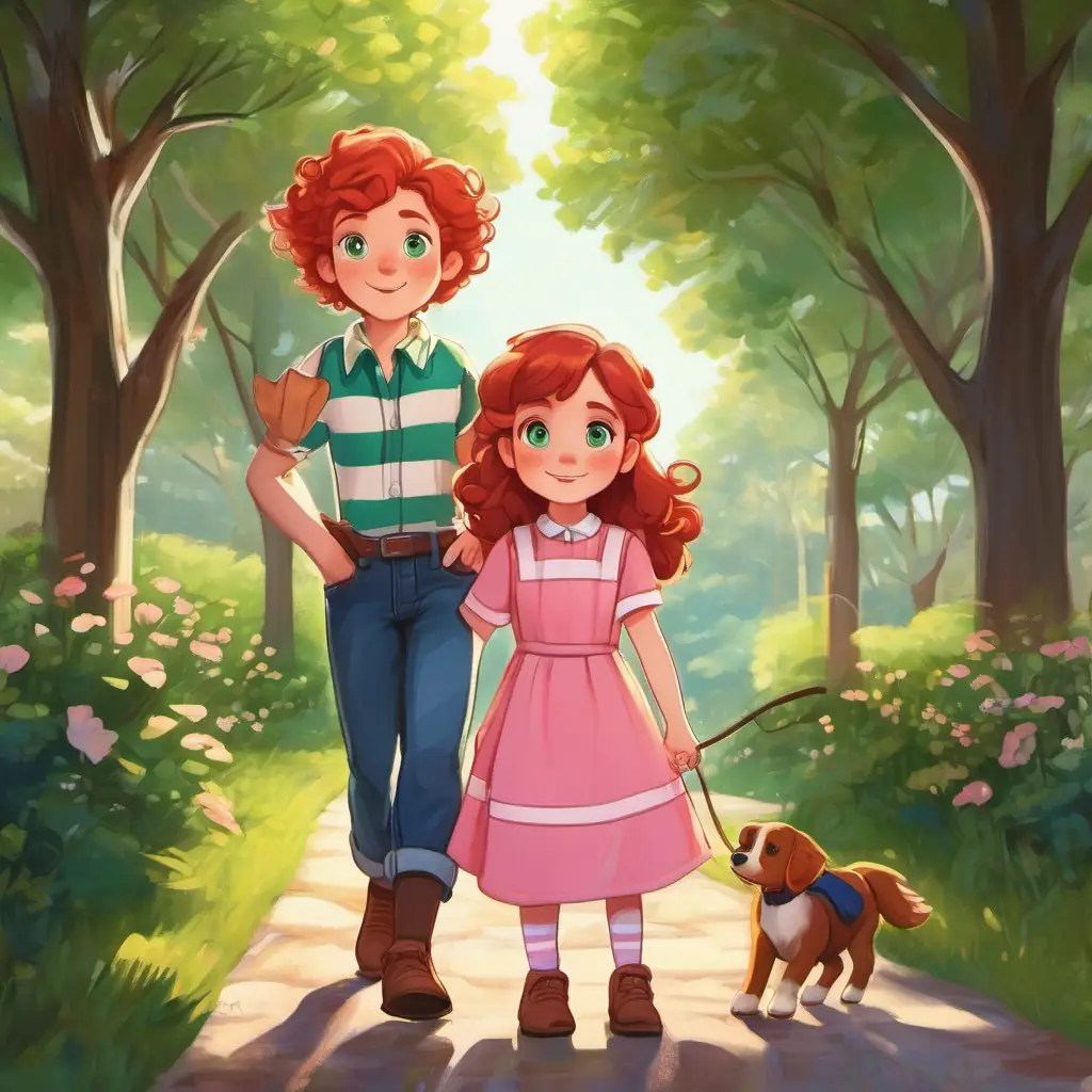 Red hair, freckles, blue eyes, pink dress, brown shoes and Curly brown hair, big green eyes, striped shirt, jeans bond through playtime, developing a friendship by building together.