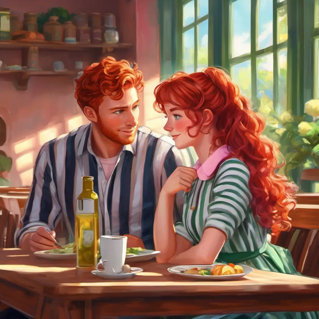 Red hair, freckles, blue eyes, pink dress, brown shoes and Curly brown hair, big green eyes, striped shirt, jeans bond over lunch, sharing and enjoying each other's company.