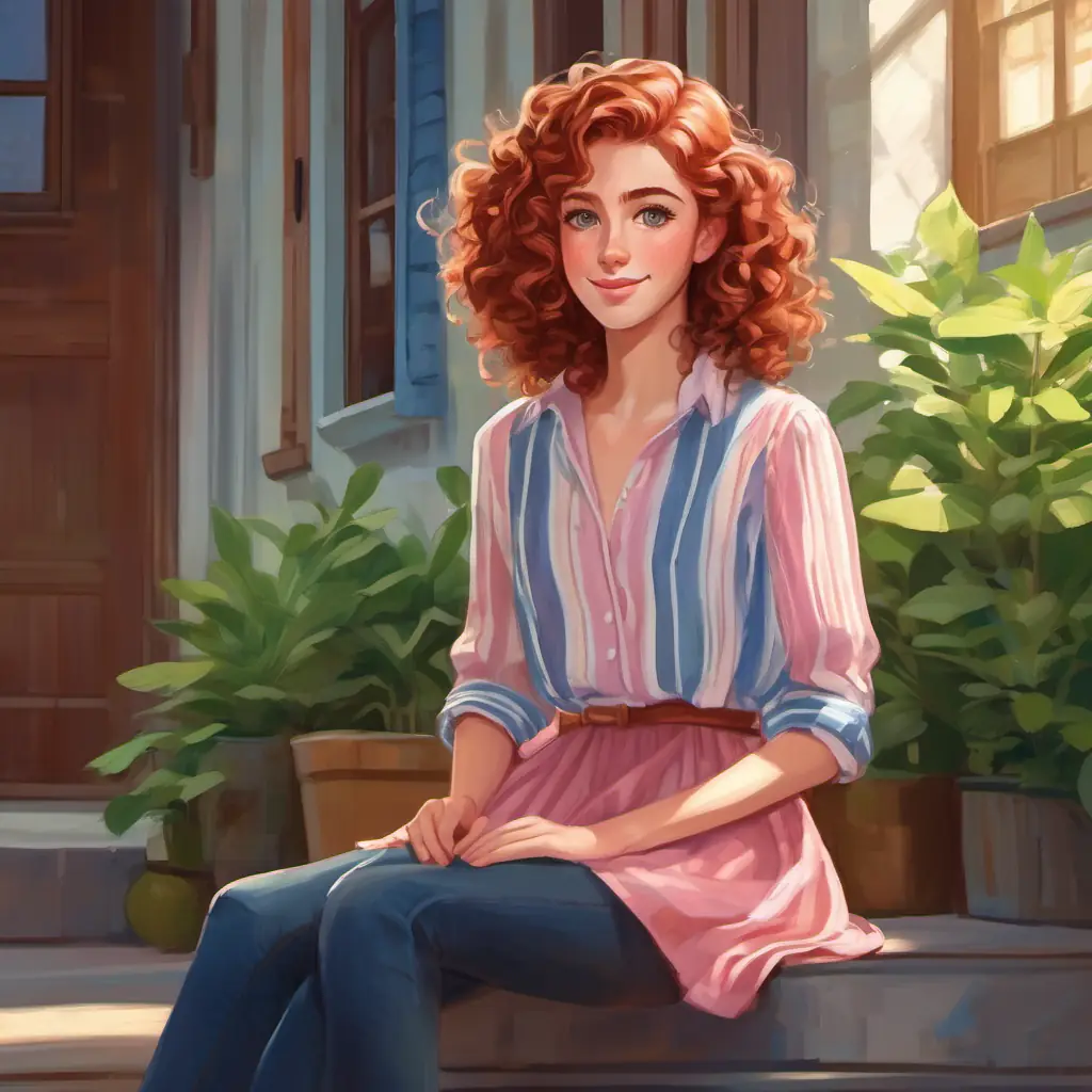 Curly brown hair, big green eyes, striped shirt, jeans supports Red hair, freckles, blue eyes, pink dress, brown shoes, making her feel valued and supported as they face a new challenge.