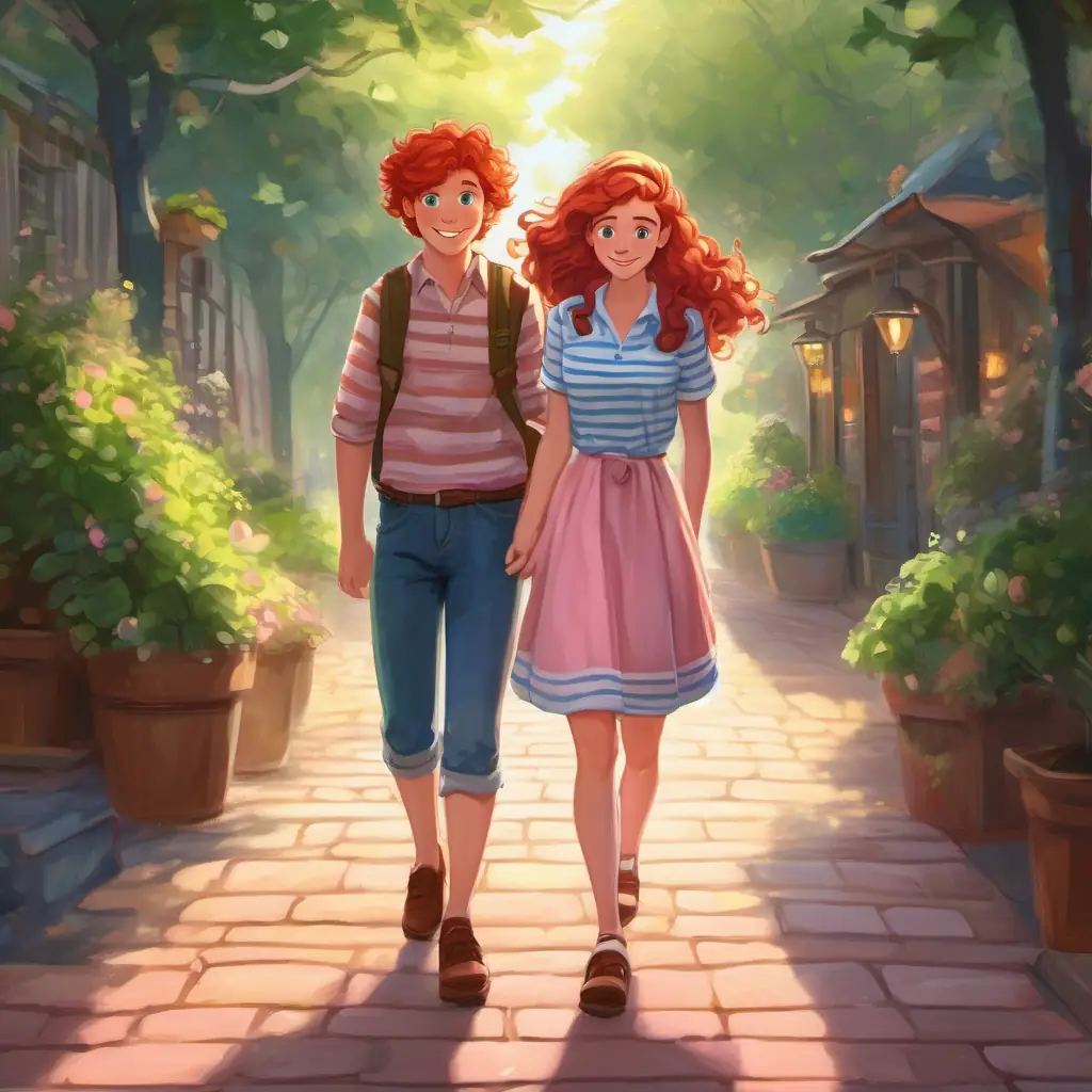 Red hair, freckles, blue eyes, pink dress, brown shoes and Curly brown hair, big green eyes, striped shirt, jeans part ways happily, feeling assured of their newfound friendship.