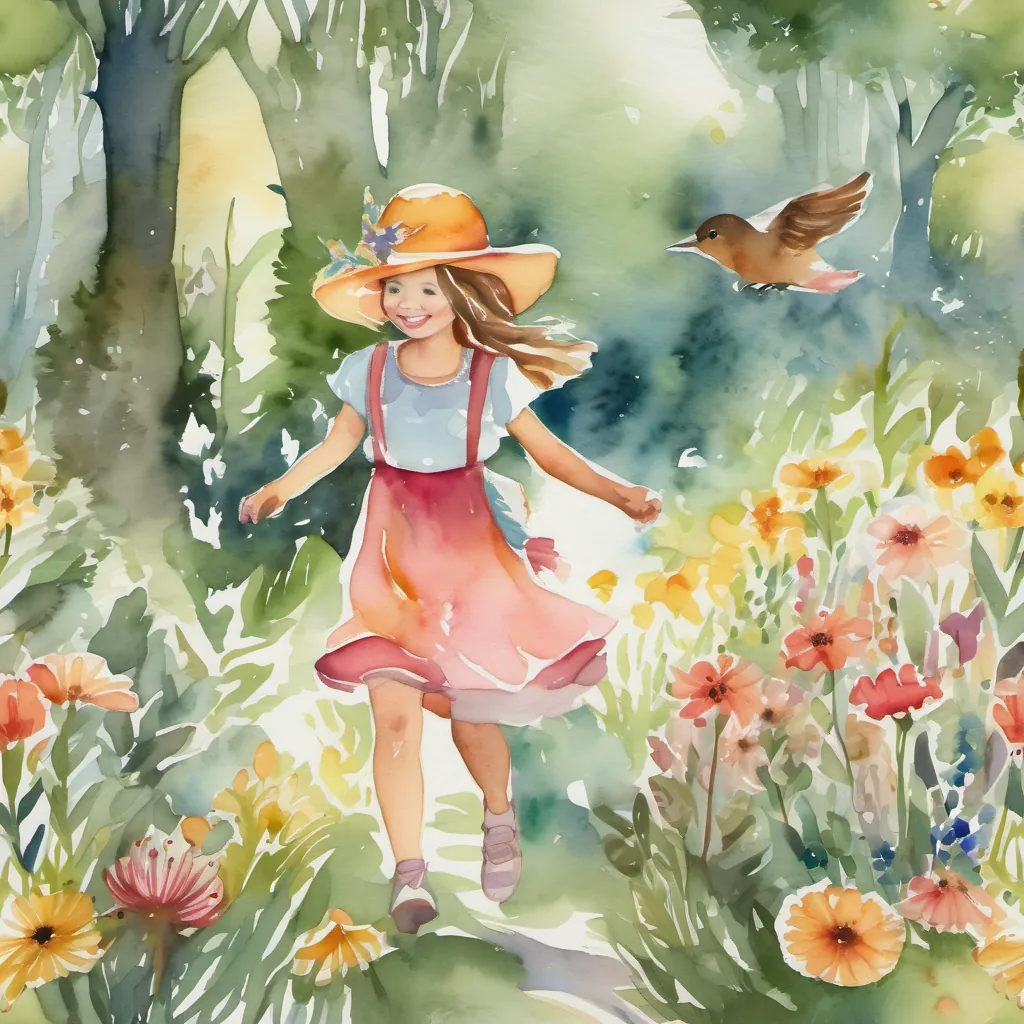 A whimsical forest with sunlight streaming through the trees, with a joyful girl in a frilly hat running, surrounded by flowers and birds chirping.