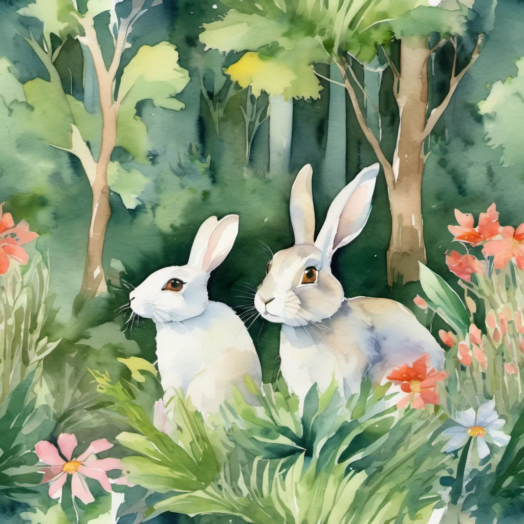 Two rabbits, one spry and active with gleaming eyes, the other looking calm and sleepy, sitting together in a lush forest.