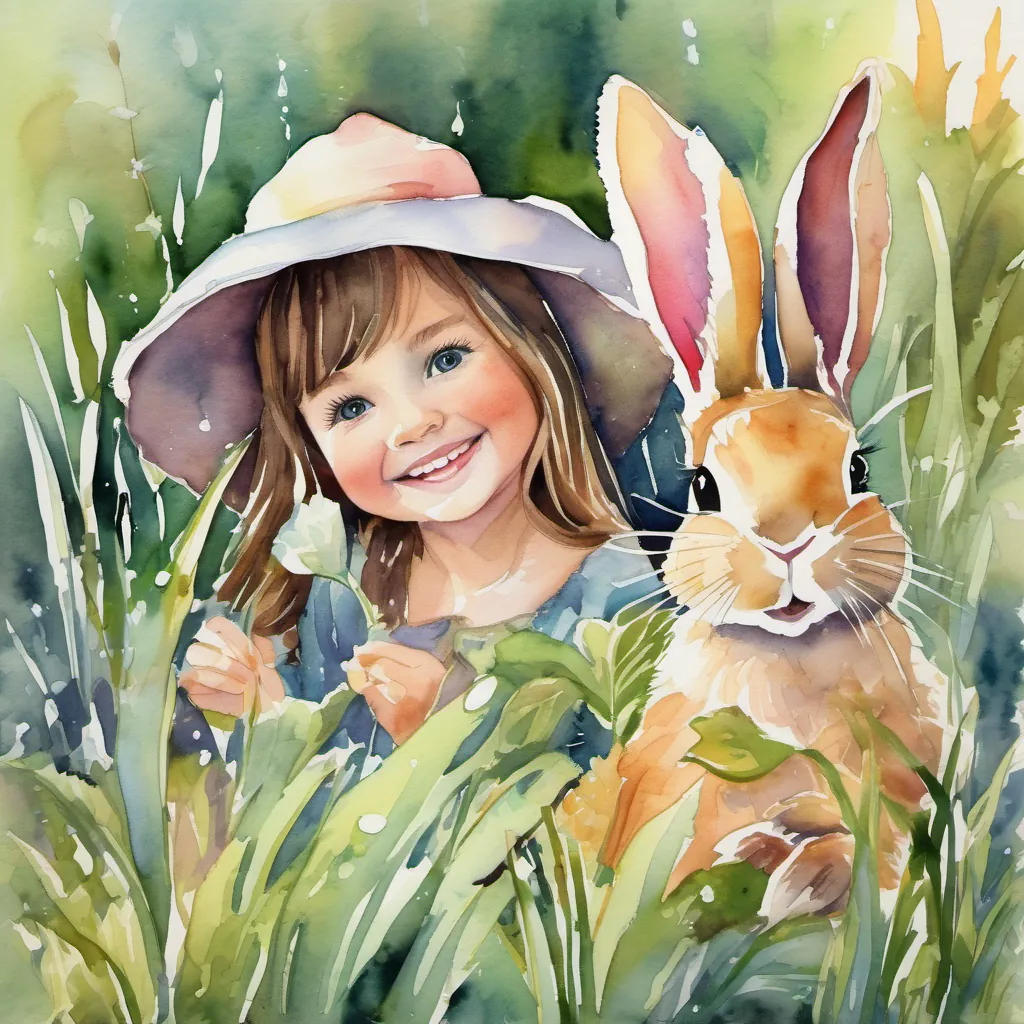 Morning dew on grass and leaves, reflecting a new day, with A joyful girl with a frilly hat, bright eyes, and a cheerful smile, adventurous and full of life smiling warmly at the rabbits.