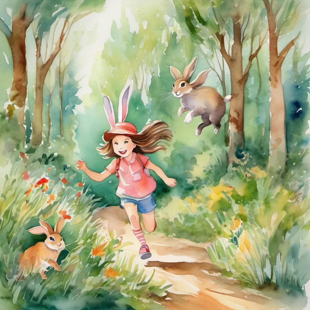 A joyful girl with a frilly hat, bright eyes, and a cheerful smile, adventurous and full of life and two rabbits excitedly running through the forest, past trees and bushes, sharing an adventure.