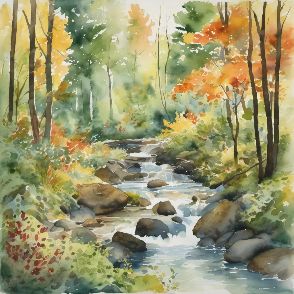 A lively forest scene with a bubbling brook, rustling leaves, and three characters singing as they move through the forest.