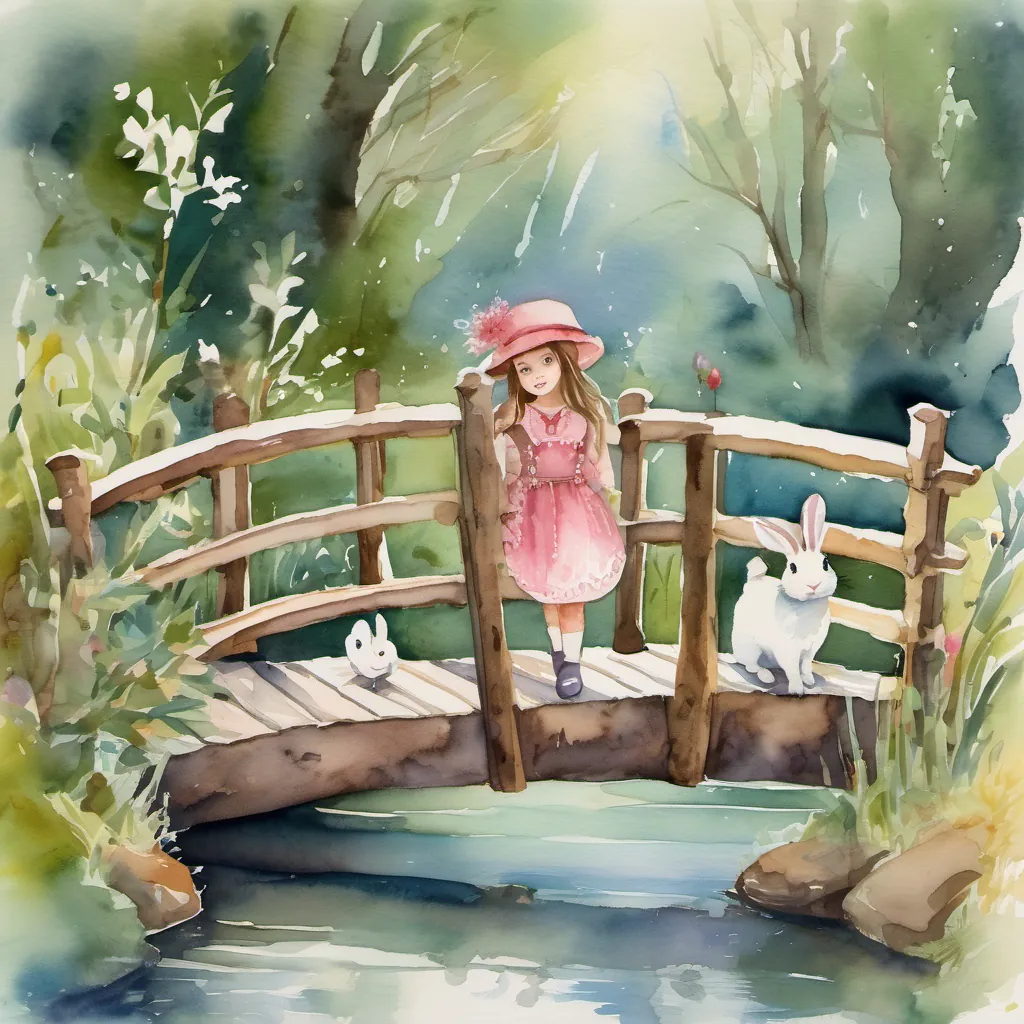 A whimsical, slightly wobbly wooden bridge across a small river, with A joyful girl with a frilly hat, bright eyes, and a cheerful smile, adventurous and full of life and the rabbits about to cross.