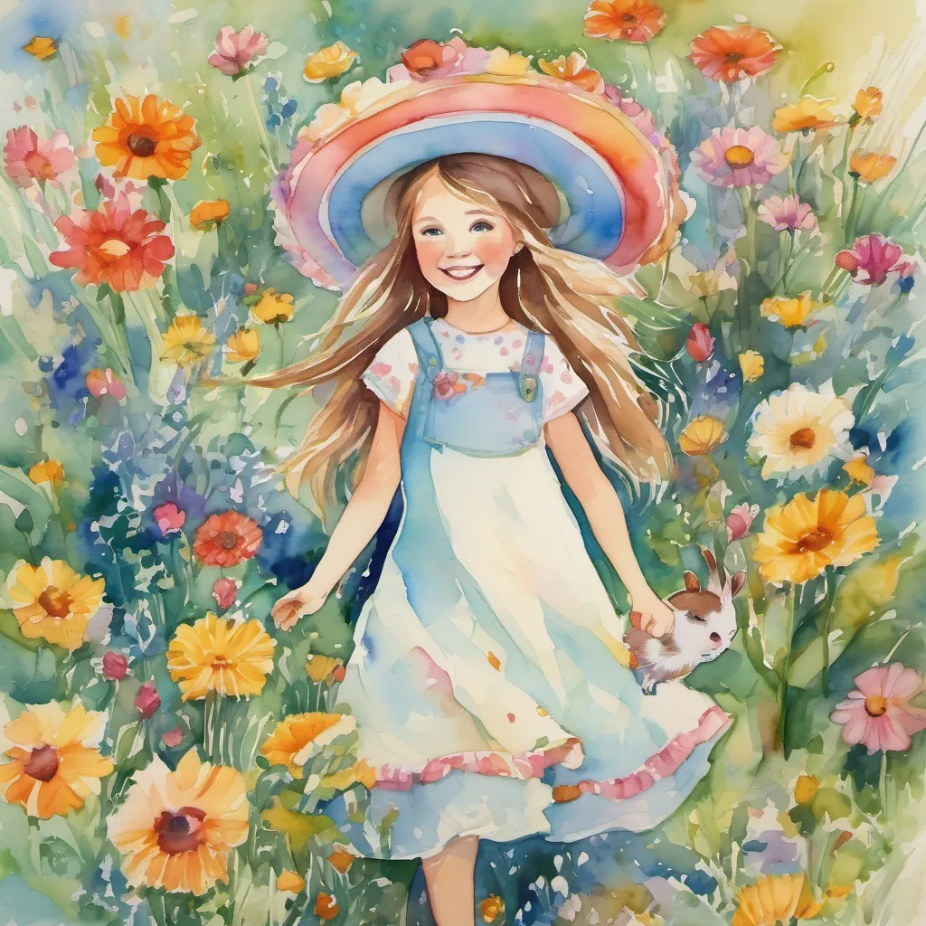 A vibrant field filled with a rainbow of flowers, A joyful girl with a frilly hat, bright eyes, and a cheerful smile, adventurous and full of life and the rabbits dancing excitedly under the blue sky.