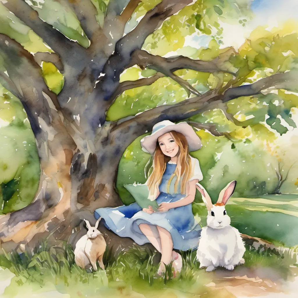 A peaceful scene under an ancient oak tree with A joyful girl with a frilly hat, bright eyes, and a cheerful smile, adventurous and full of life, A spry rabbit with alert ears, quick on his feet, with a lively and curious personality, and A calm, relaxed rabbit with big floppy ears, gentle eyes, and a thoughtful presence lying on the grass, looking up at the sky.