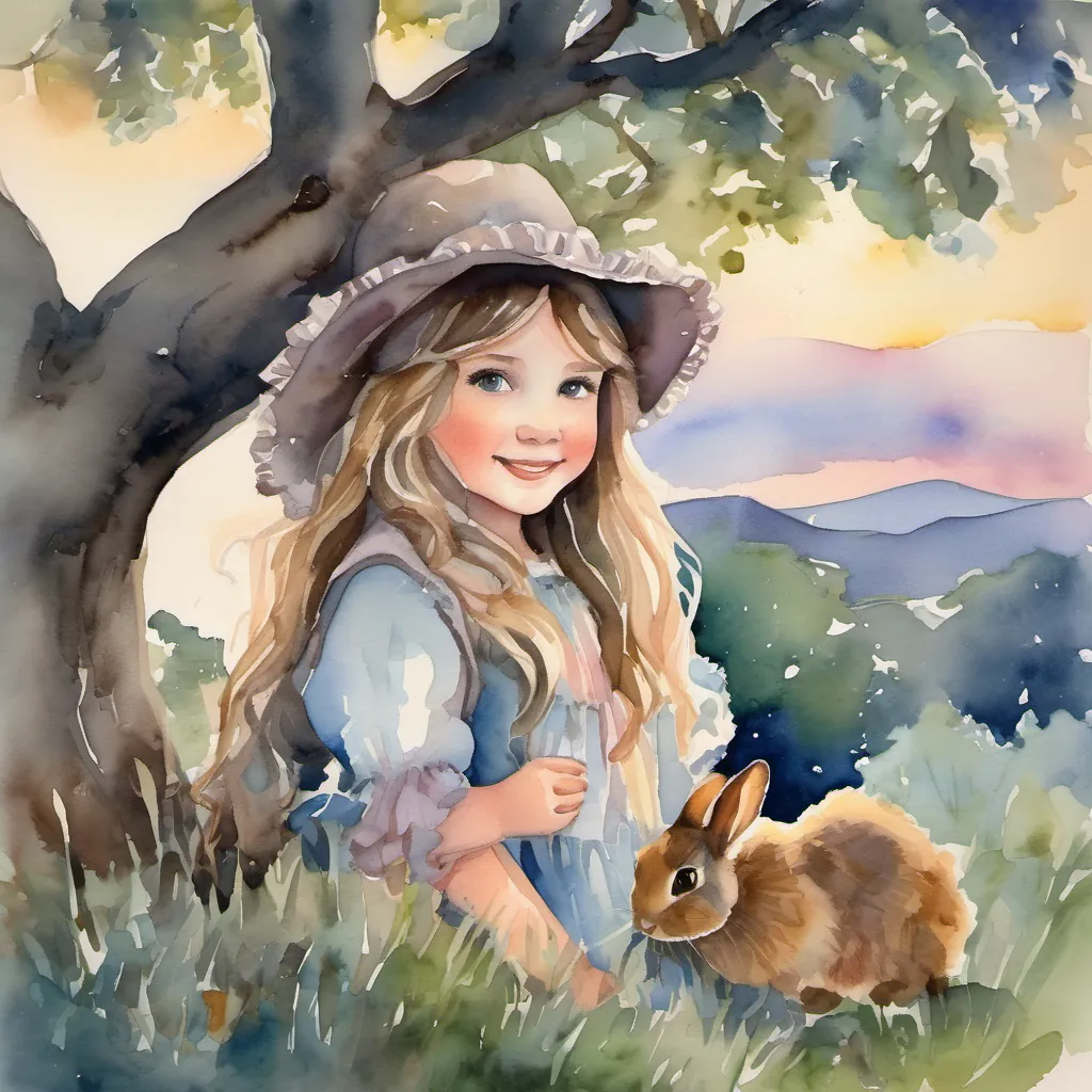 A cozy, tranquil moment with A joyful girl with a frilly hat, bright eyes, and a cheerful smile, adventurous and full of life and the two rabbits cuddling under the oak tree as the sky turns to twilight.