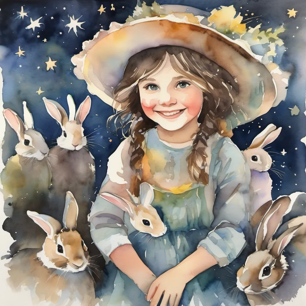 A serene night scene with A joyful girl with a frilly hat, bright eyes, and a cheerful smile, adventurous and full of life and the rabbits dreaming under the stars, their faces peaceful and happy.