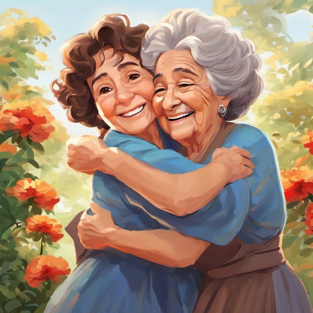 Curly brown hair, bright smile, brown eyes 10-word limit exceeded is hugging Abuela Rosa, while tears run down her cheeks.