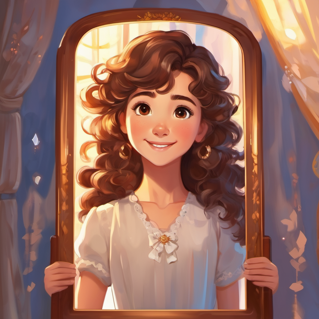 Curly brown hair, bright smile, brown eyes 10-word limit exceeded is standing in front of a magical mirror, seeing her reflection with confidence and joy.