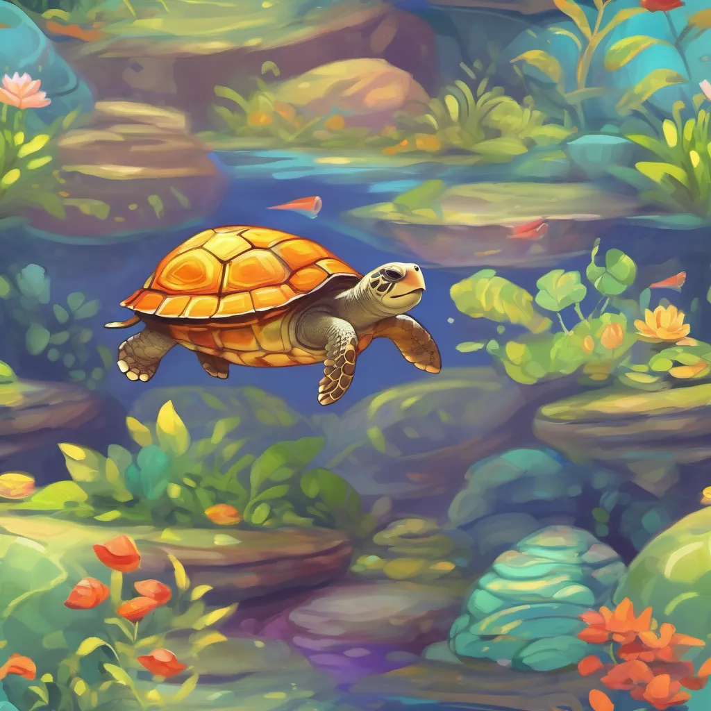 Happy cartoon turtle with a bright, colorful shell, smiling and walking