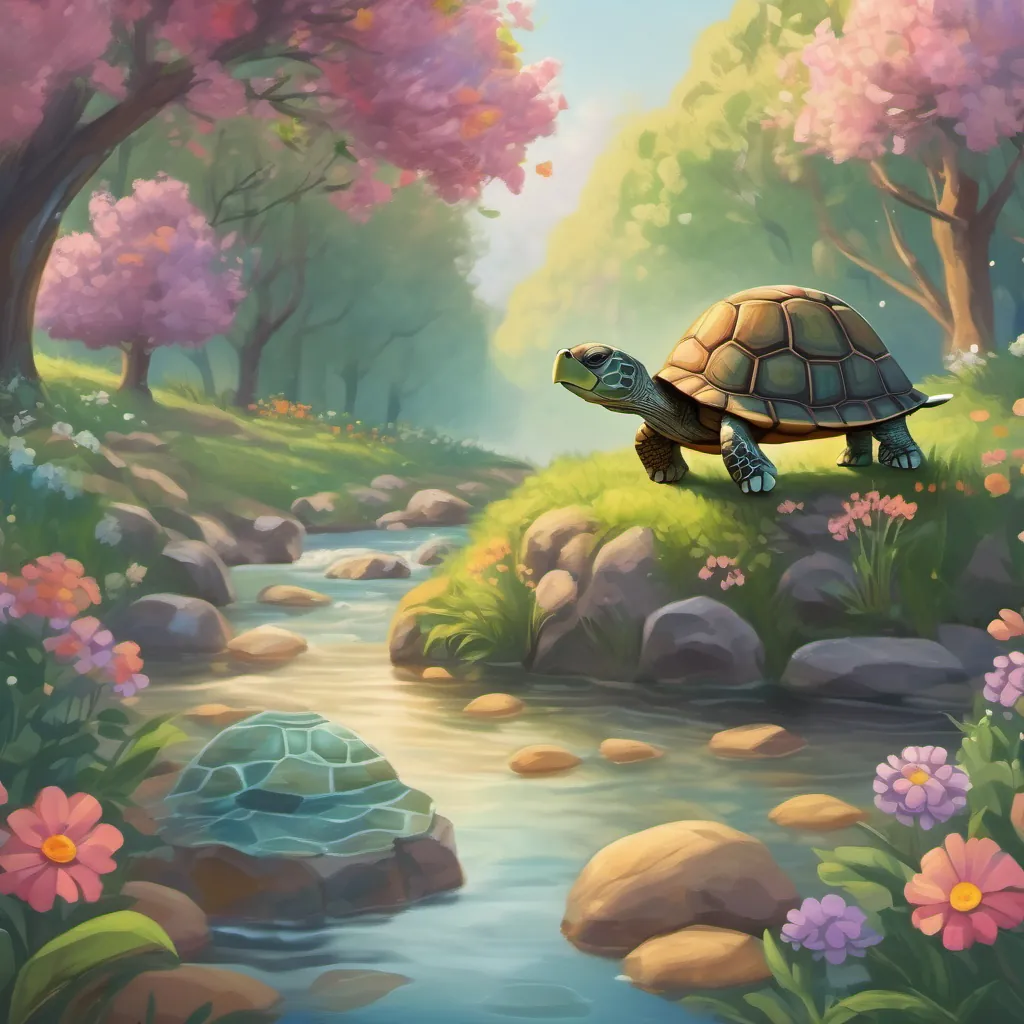 Cartoon turtle walking by a creek, whimsical trees and flowers around