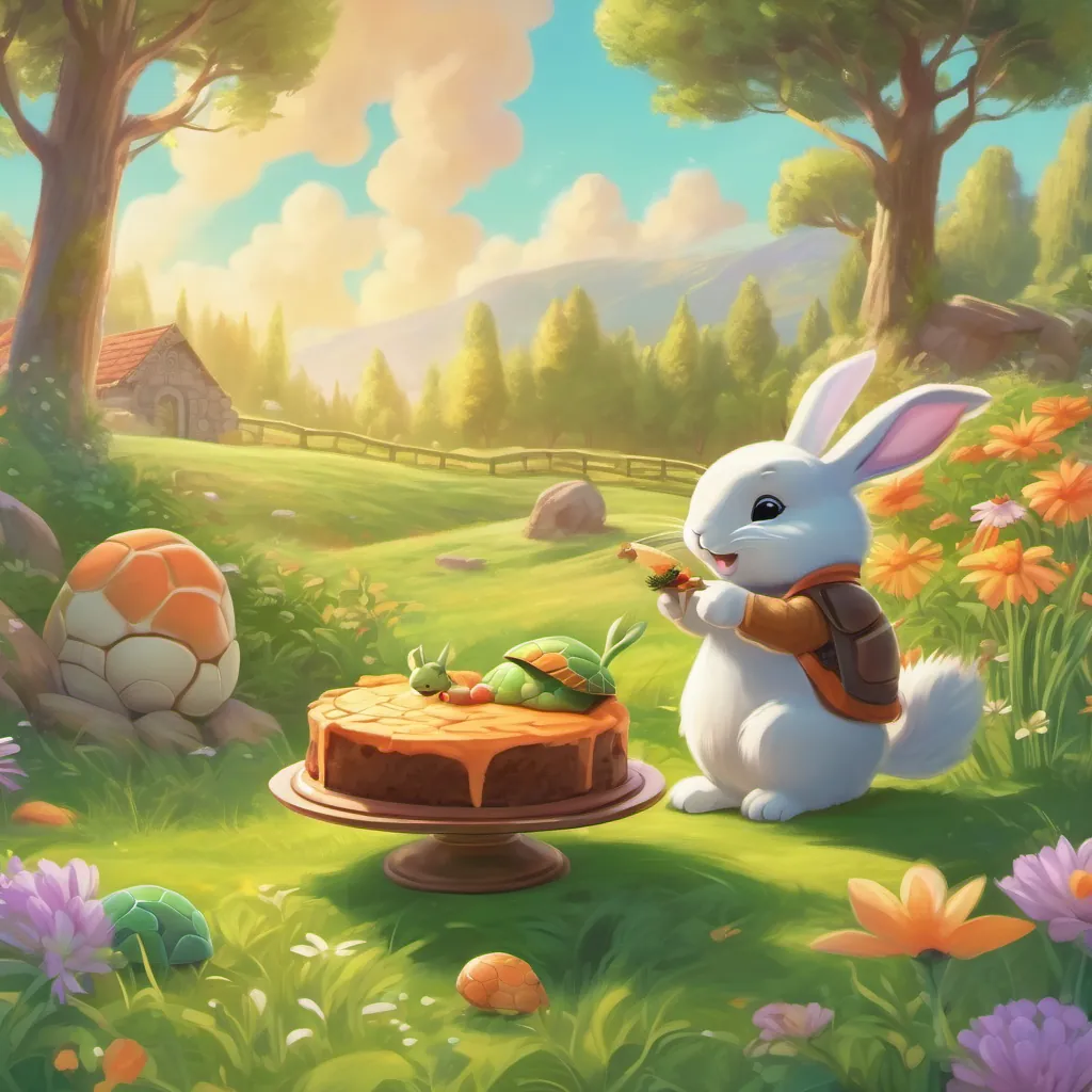 Happy bunny and turtle sharing a carrot cake, sunny meadow background