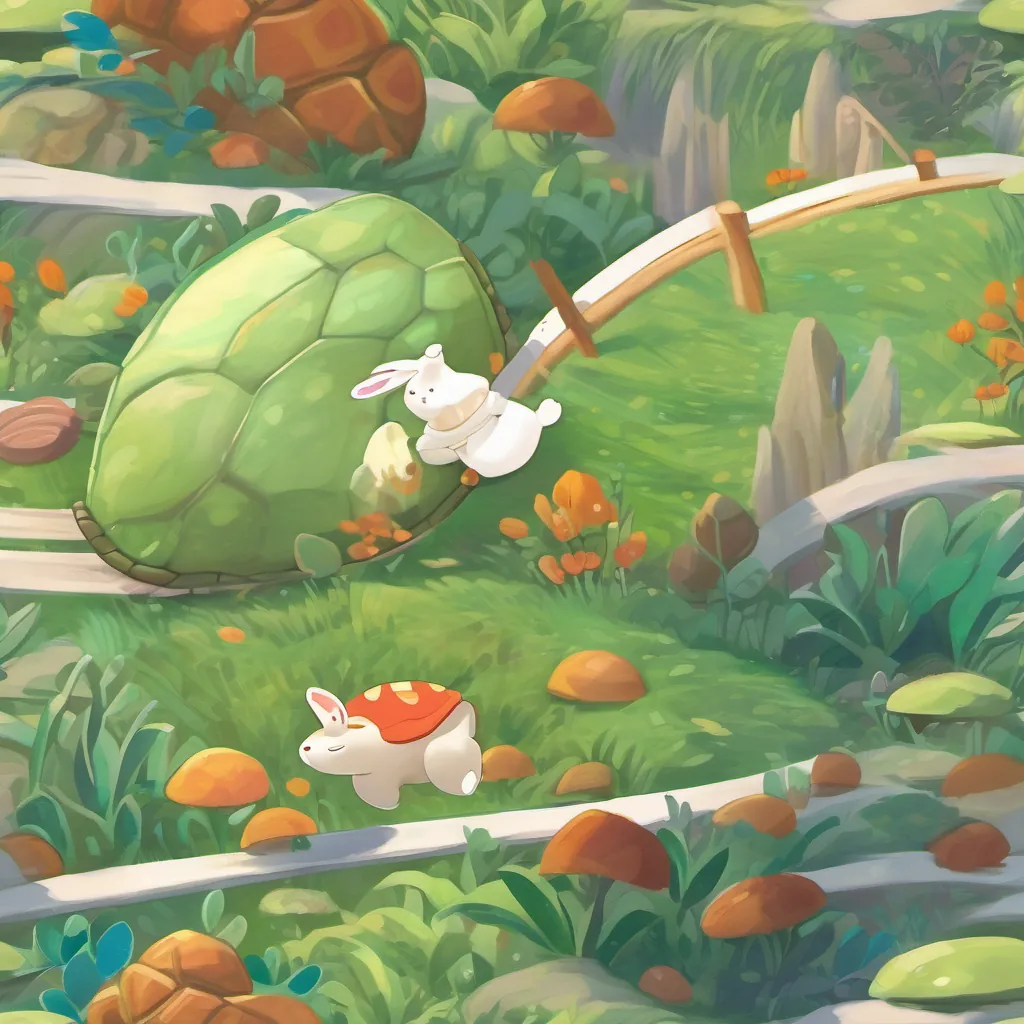 A cartoon bunny dashing past the turtle, surrounded by motion lines