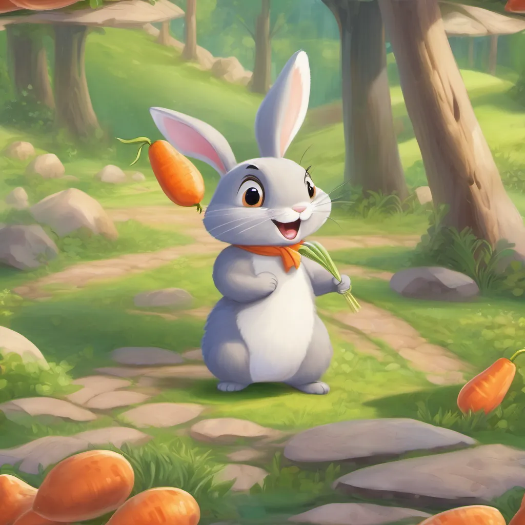 Excited cartoon bunny talking about a contest, holding a carrot