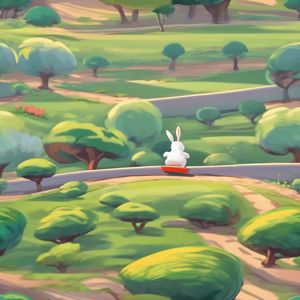 Cartoon bunny hopping impatiently, ready to race, finish line in the distance