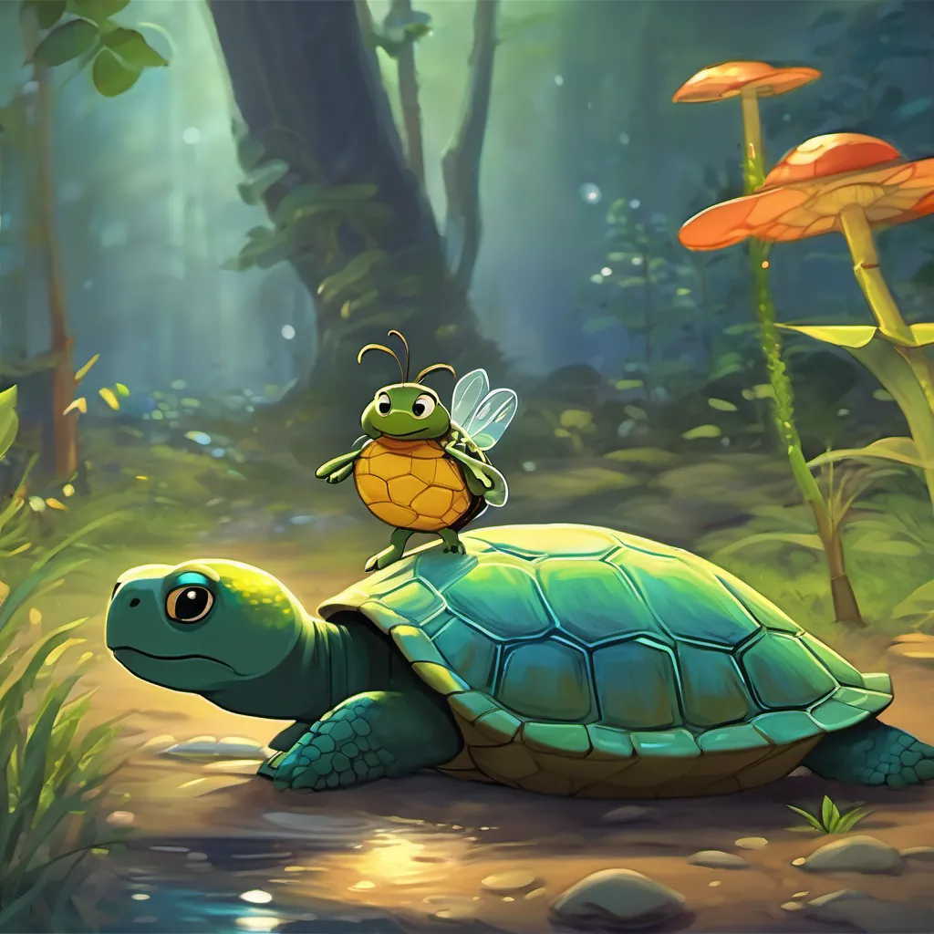 A worried firefly talking to the turtle, brook in the background