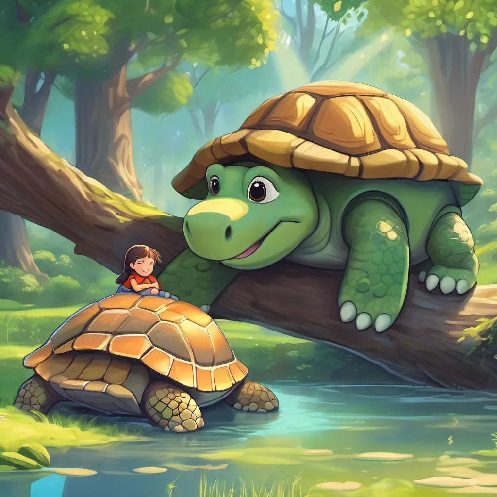 Firefly hugging the turtle, both happy, under a willow tree