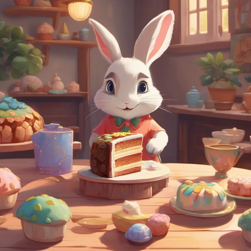 Cartoon bunny looking guilty with a cake, turtle arriving calmly