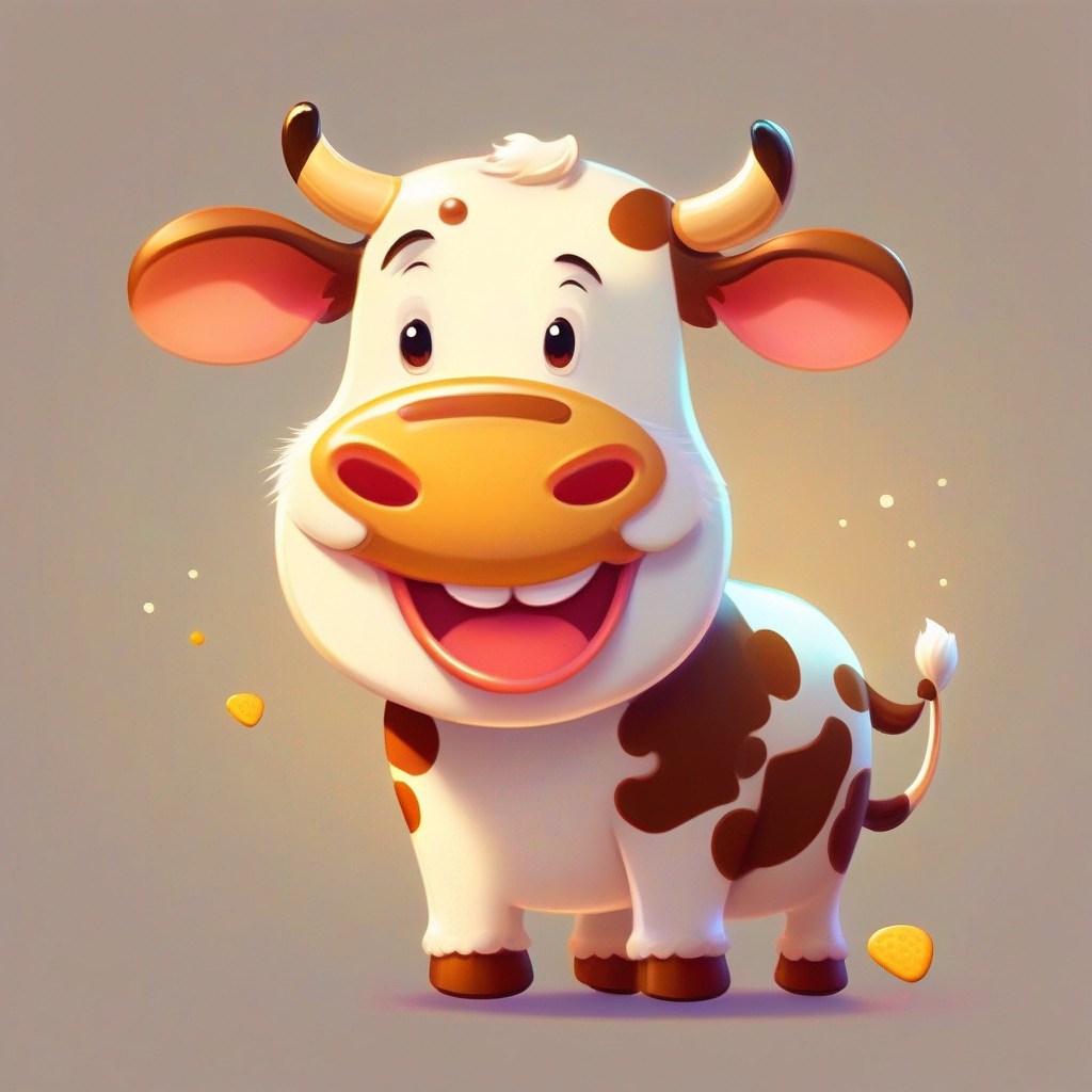 A A hungry cow with brown spots and a friendly face. wants to eat the A lively cookie with a gingerbread body and a big smile..