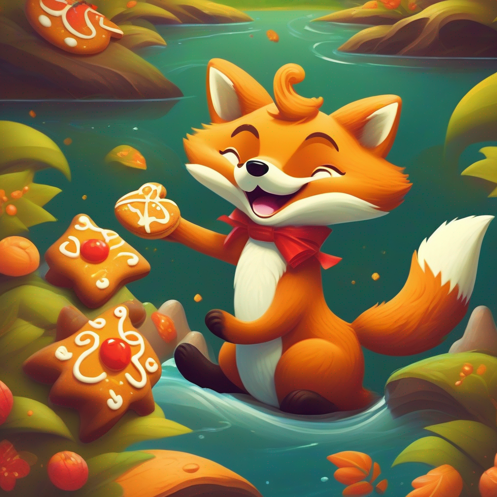 A fox offers to help the A lively cookie with a gingerbread body and a big smile. cross the river.