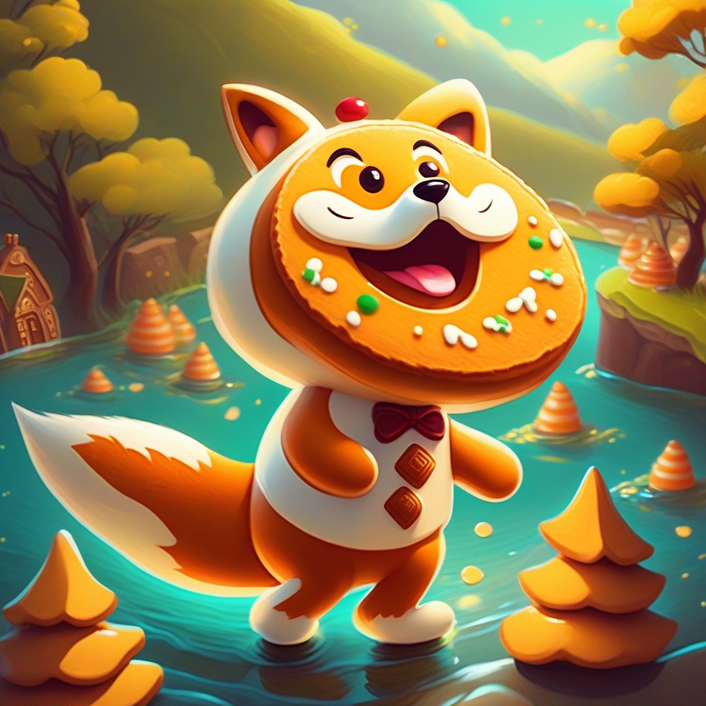 The A lively cookie with a gingerbread body and a big smile. outsmarts the fox and crosses the river.