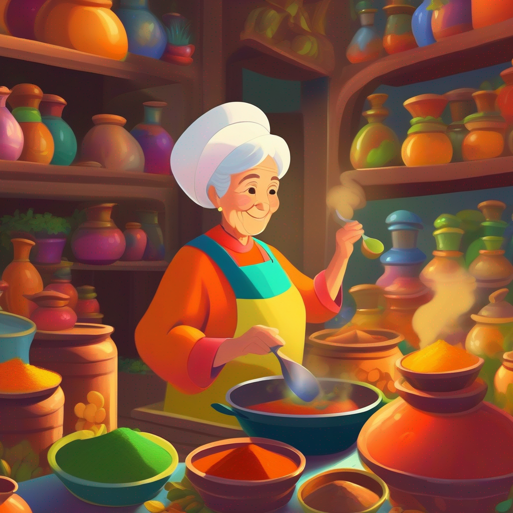 Grandmother cooking with colorful spices and pots
