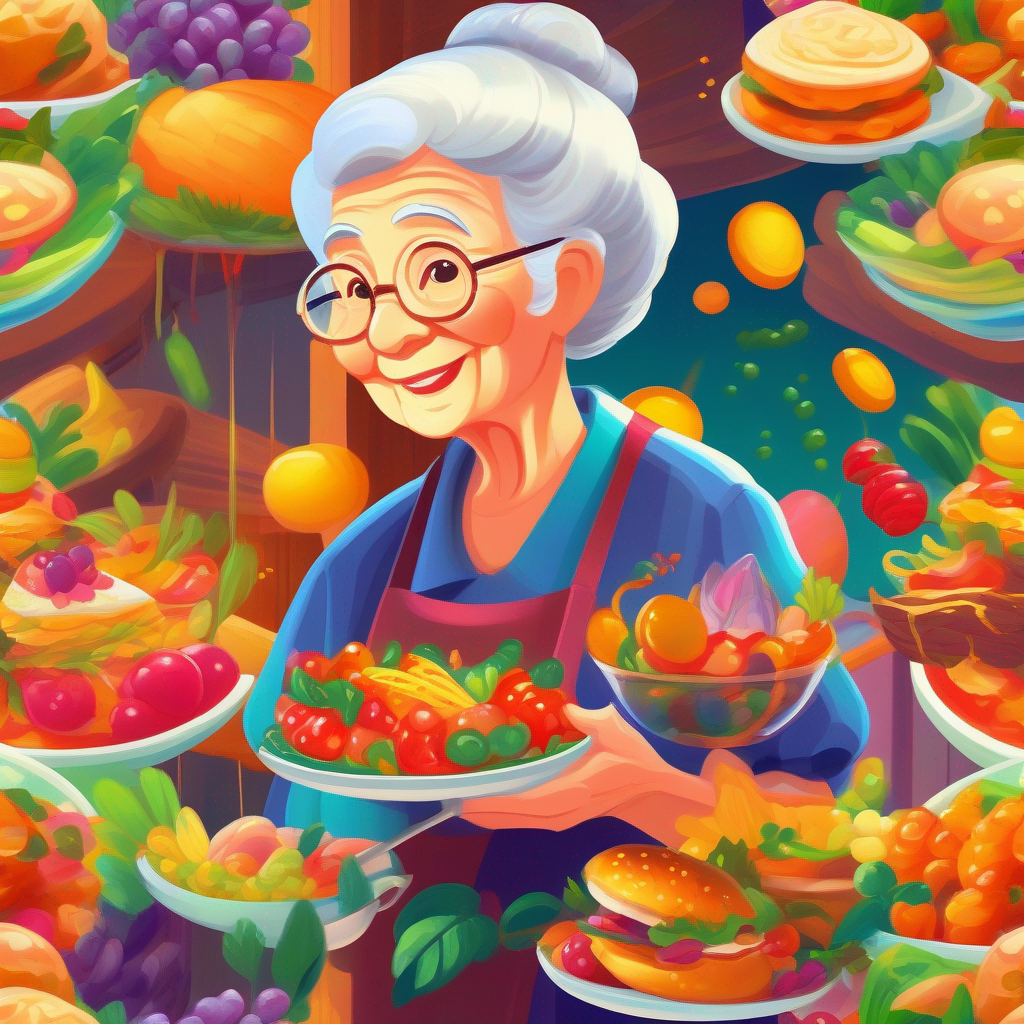 Grandmother presenting a plate of tasty food with vibrant colors