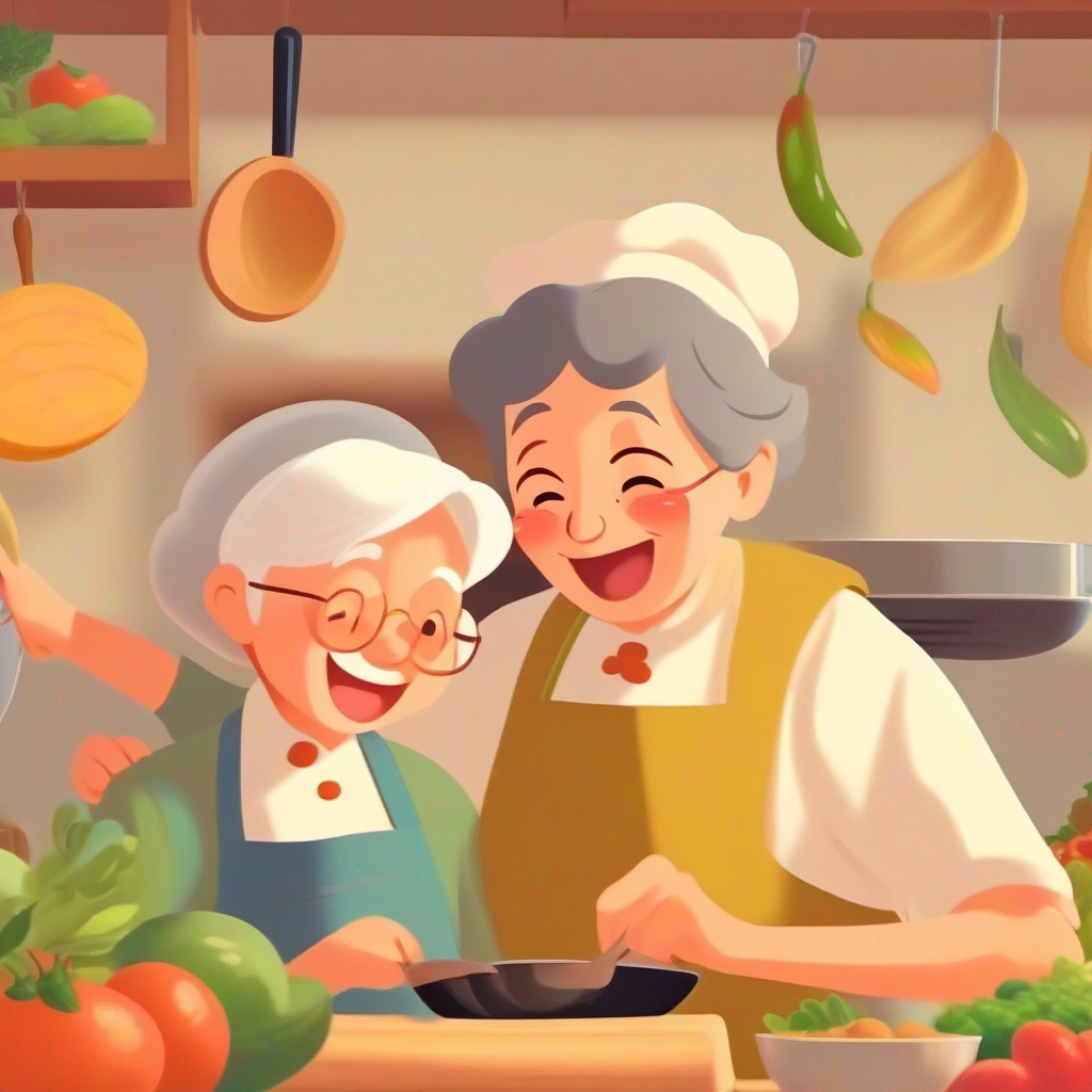 Grandmother and me cooking together with joyful expressions