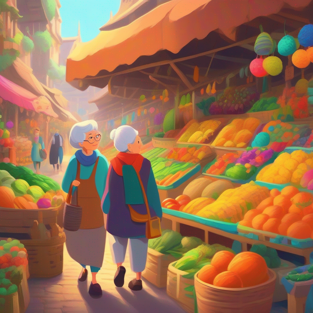 Grandmother and me exploring the market with colorful items all around