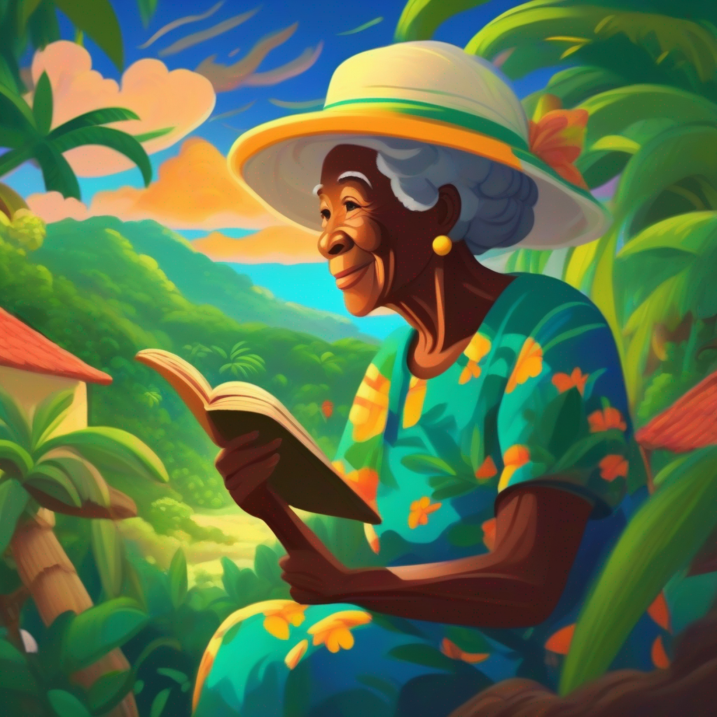 Grandmother telling stories with dreamy illustrations of Jamaica