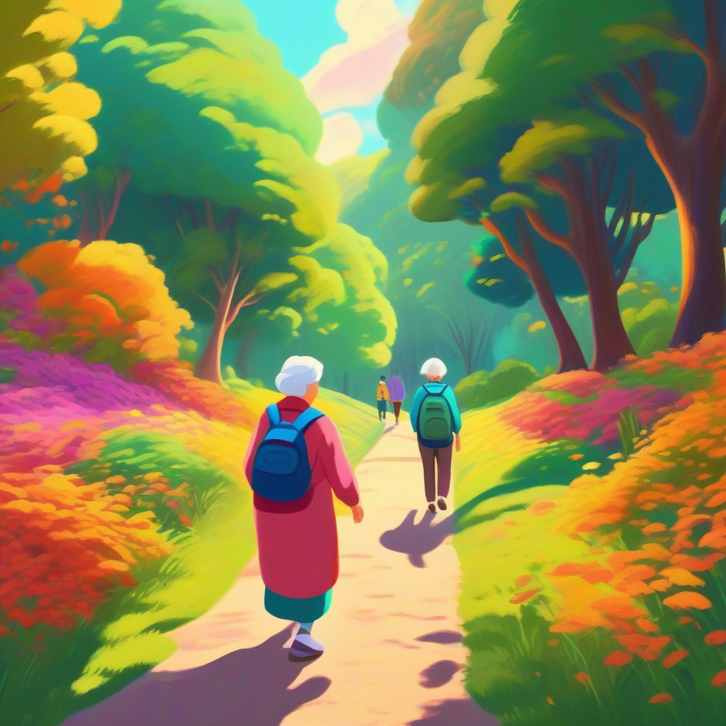 Grandmother and me walking in a park filled with vibrant nature