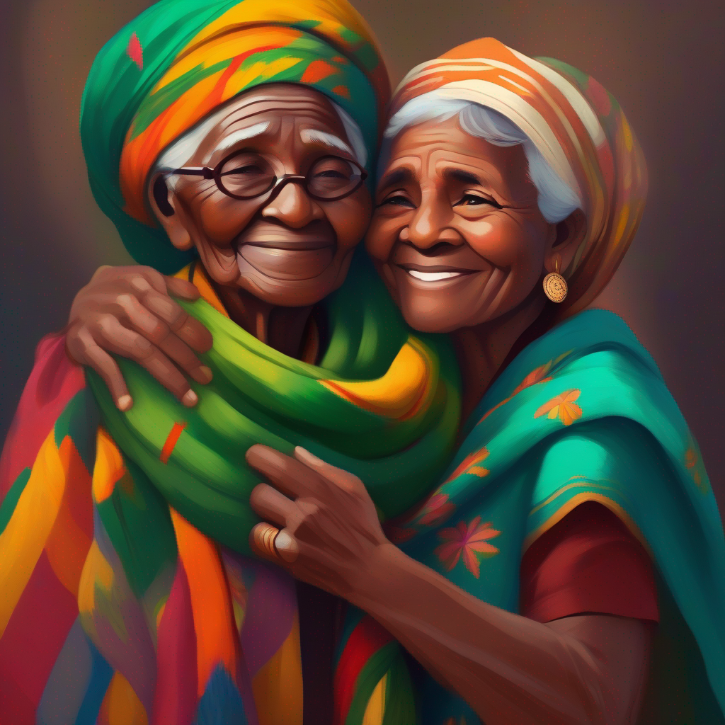 Me hugging my Kind Indian Jamaican grandmother with a colorful scarf with a teary-eyed expression