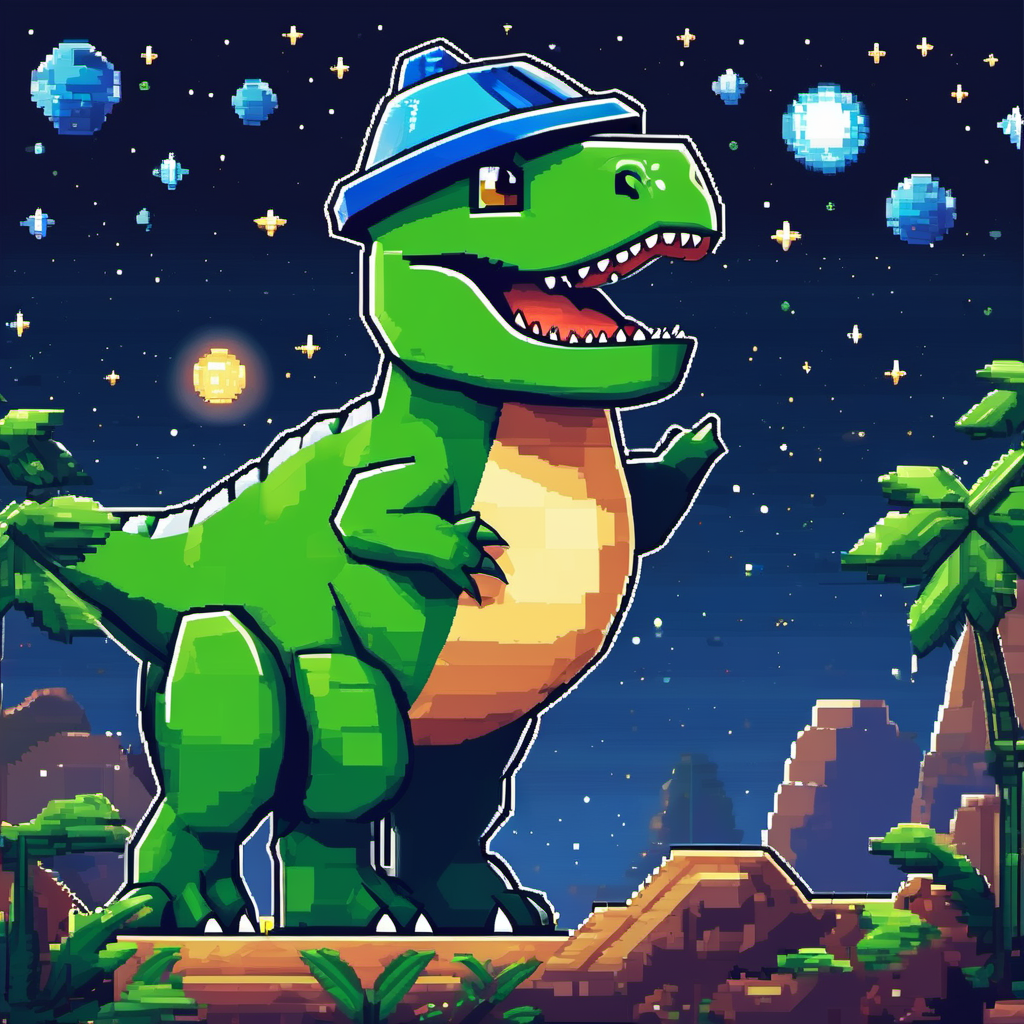 Friendly green dinosaur with a blue spaceship hat looking up at the stars in wonder