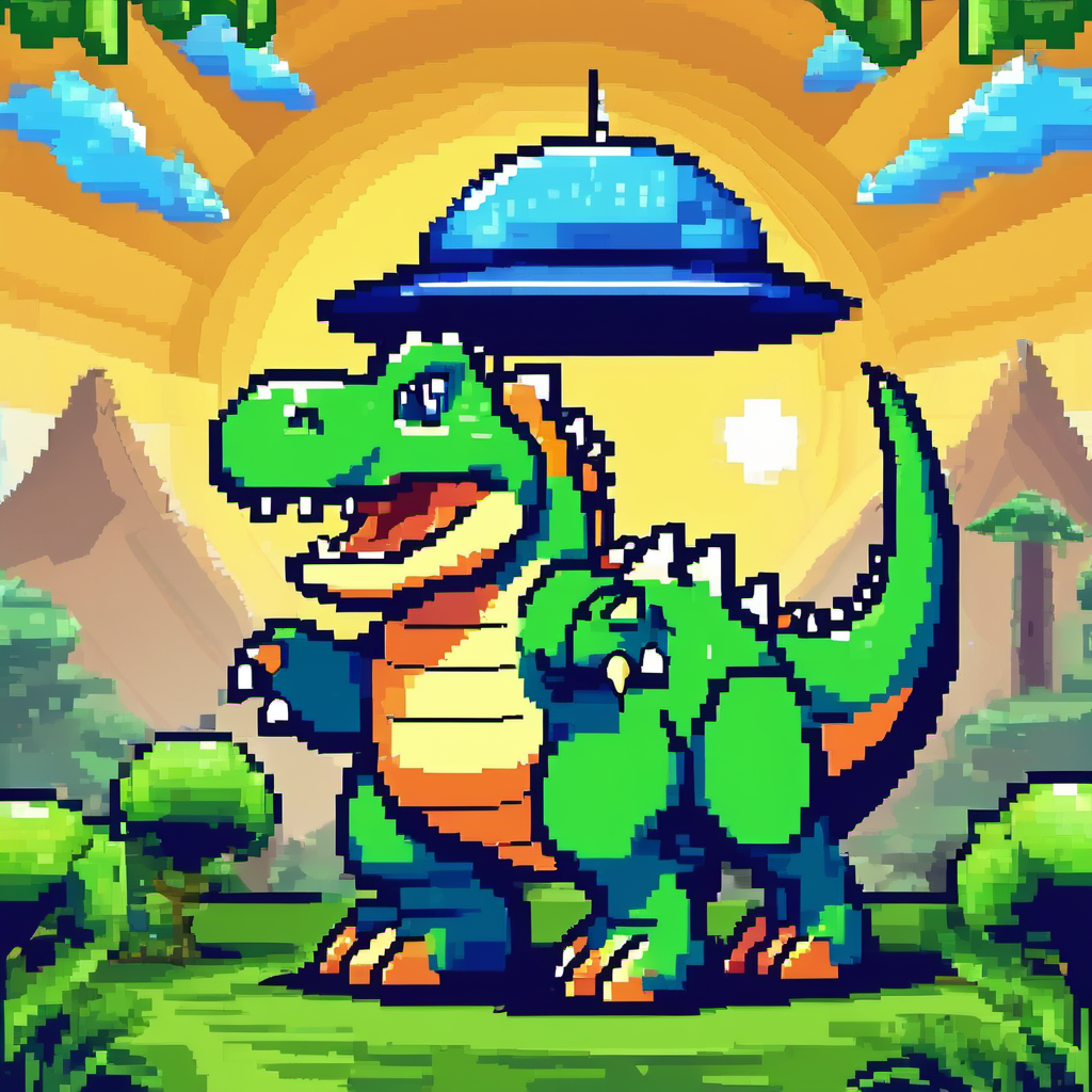 Friendly green dinosaur with a blue spaceship hat pointing towards the sun with excitement